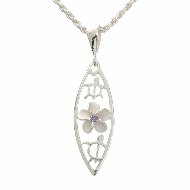 Sterling Silver Plumeria with Purple CZ and 2 Honu (Turtle) Surfboard Pendant (Chain Sold Separately)