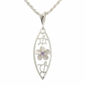 Sterling Silver Plumeria with Purple CZ and 2 Honu (Turtle) Surfboard Pendant (Chain Sold Separately)