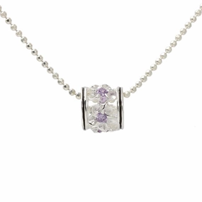 Sterling Silver Plumeria with Purple CZ Black Border Barrel Pendant (Chain Sold Separately)