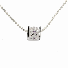 Sterling Silver Plumeria with Purple CZ Black Border Cube Pendant (S/M) (Chain Sold Separately)