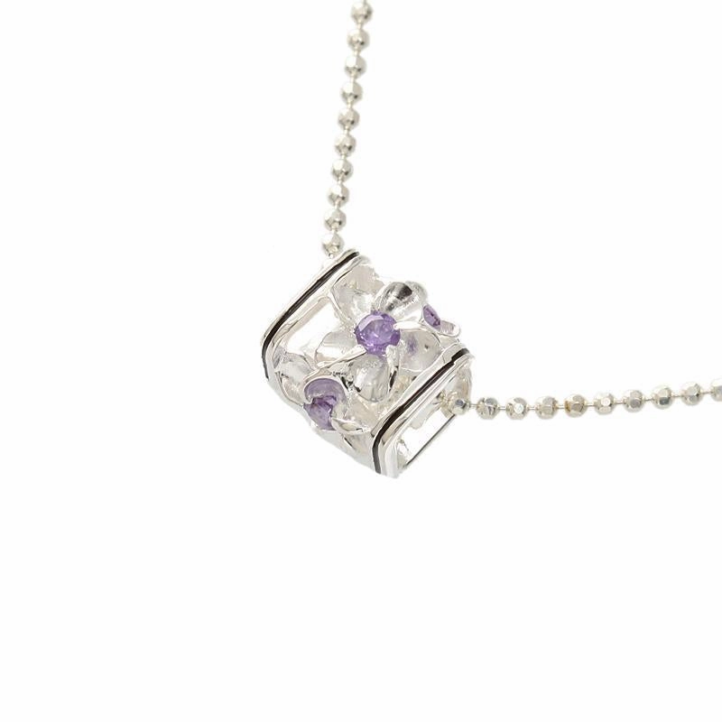 Sterling Silver Plumeria with Purple CZ Black Border Cube Pendant (S/M) (Chain Sold Separately)