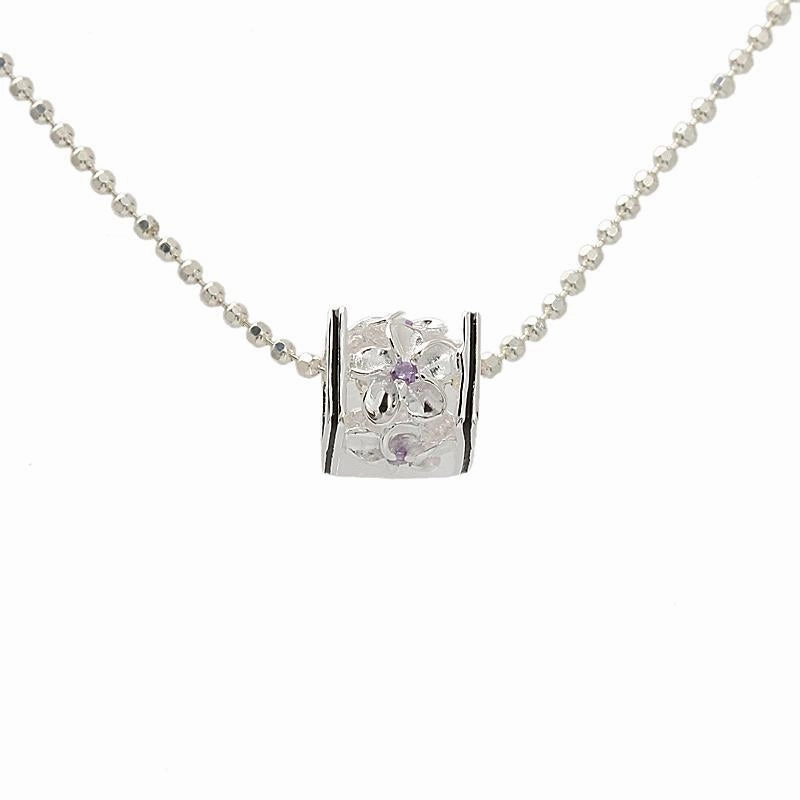 Sterling Silver Plumeria with Purple CZ Black Border Cube Pendant (S/M) (Chain Sold Separately)