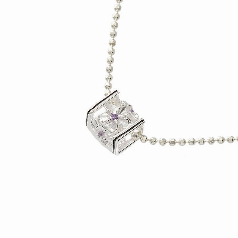 Sterling Silver Plumeria with Purple CZ Black Border Cube Pendant (S/M) (Chain Sold Separately)