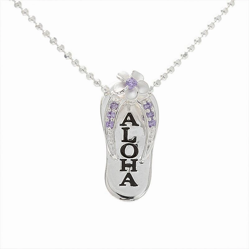 Sterling Silver Plumeria with Purple CZ Black Enamel ALOHA Slipper Pendant (Chain Sold Separately)