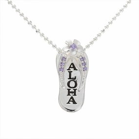 Sterling Silver Plumeria with Purple CZ Black Enamel ALOHA Slipper Pendant (Chain Sold Separately)