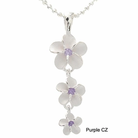 Sterling Silver Plumeria with Purple CZ Sandblast Finish Pendant (M/L) (Chain Sold Separately)