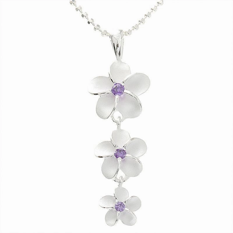 Sterling Silver Plumeria with Purple CZ Sandblast Finish Pendant (M/L) (Chain Sold Separately)