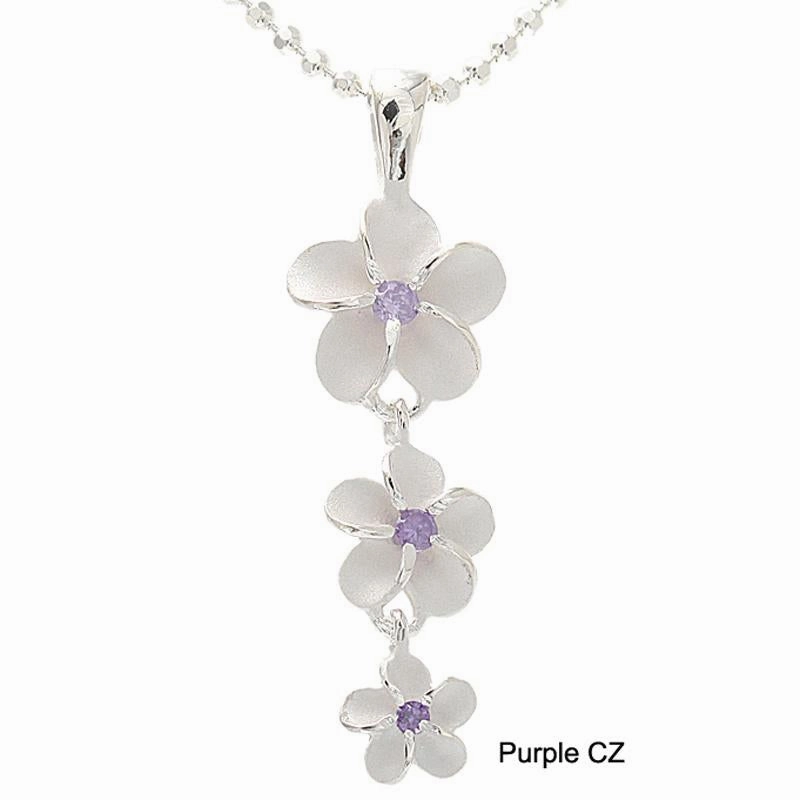 Sterling Silver Plumeria with Purple CZ Sandblast Finish Pendant (M/L) (Chain Sold Separately)