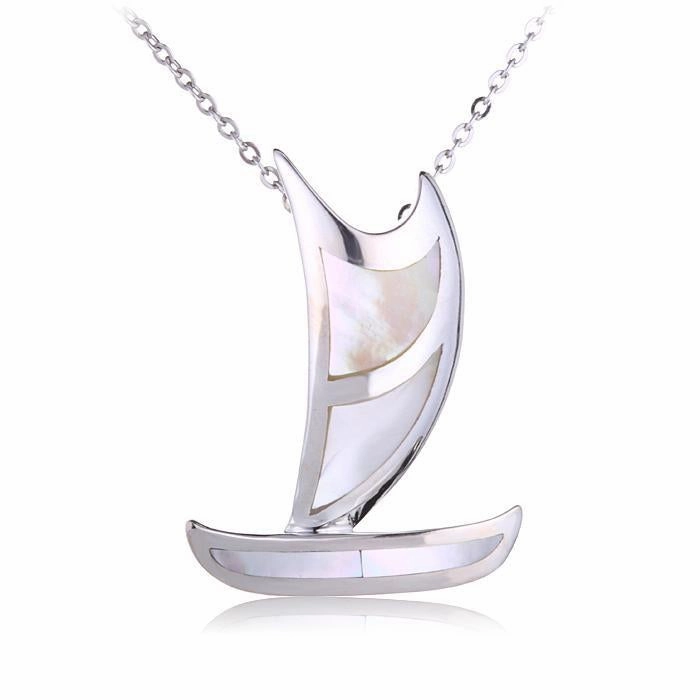 Sterling Silver Polynesian Voyaging Canoe Mother-of Pearl Inlay Pendant (S/L) (Chain Sold Separately)
