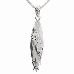 Sterling Silver Raised Hawaiian Scroll and Honu (Turtle) Surfboard Pendant (Chain Sold Separately)