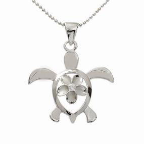 Sterling Silver Rhodium Plated 10mm Plumeria with CZ in Honu (Turtle) Pendant (Chain Sold Separately)