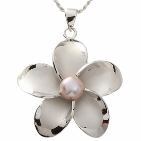 Sterling Silver Rhodium Plated 43mm Plumeria with Pink Pearl Pendant (Chain Sold Separately)
