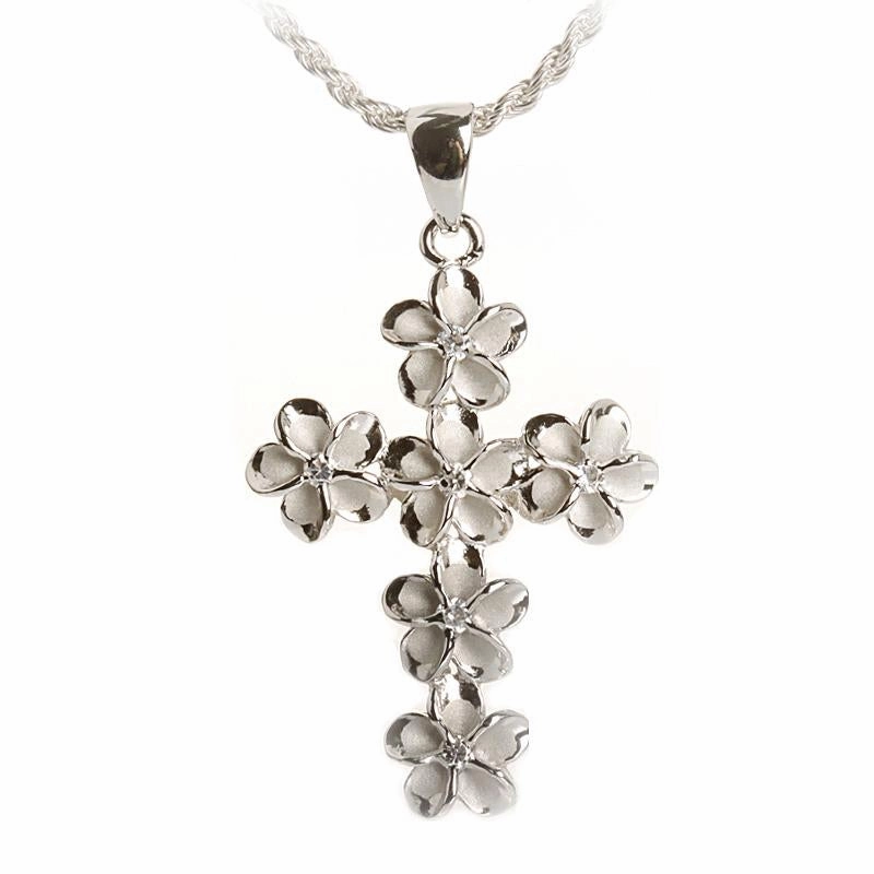 Sterling Silver Rhodium Plated 8mm Plumeria with CZ Cross Pendant (Chain Sold Separately)