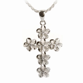 Sterling Silver Rhodium Plated 8mm Plumeria with CZ Cross Pendant (Chain Sold Separately)