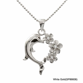 Sterling Silver Rhodium Plated Dolphin and Plumeria with CZ Heart Pendant (Chain Sold Separately)