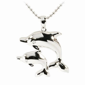 Sterling Silver Rhodium Plated Double Diving Dolphins Pendant (Chain Sold Separately)