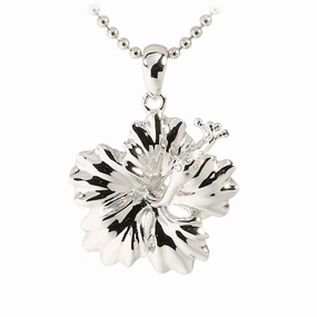Sterling Silver Rhodium Plated High Polish Hibiscus Pendant (M/L) (Chain Sold Separately)
