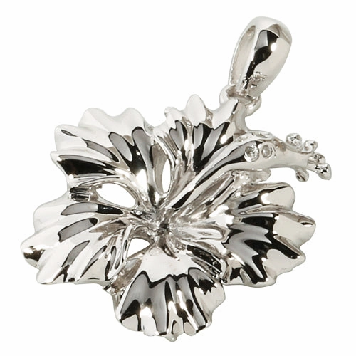 Sterling Silver Rhodium Plated High Polish Hibiscus Pendant (M/L) (Chain Sold Separately)