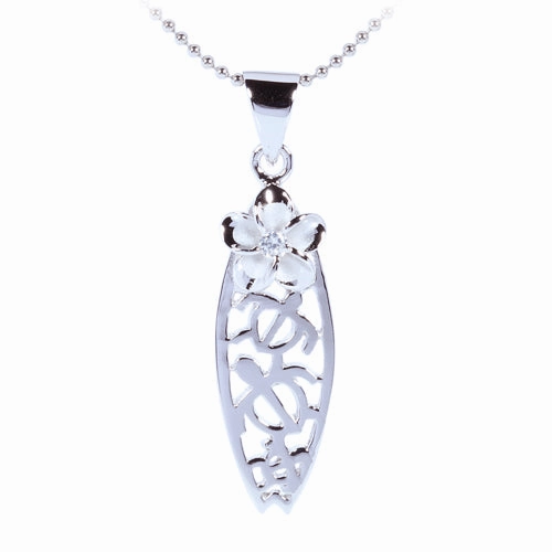 Sterling Silver Rhodium Plated Honu (Hawaiian Turtle) Surfboard and Plumeria with CZ Pendant (Chain Sold Separately)