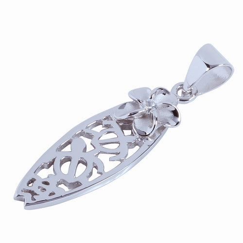 Sterling Silver Rhodium Plated Honu (Hawaiian Turtle) Surfboard and Plumeria with CZ Pendant (Chain Sold Separately)