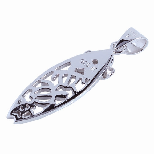 Sterling Silver Rhodium Plated Honu (Hawaiian Turtle) Surfboard and Plumeria with CZ Pendant (Chain Sold Separately)
