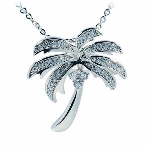 Sterling Silver Rhodium Plated Palm Tree Pave CZ Pendant (Chain Sold Separately)