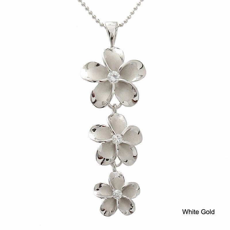 Sterling Silver Rhodium Plated Plumeria with CZ Pendant (M/L) (Chain Sold Separately)