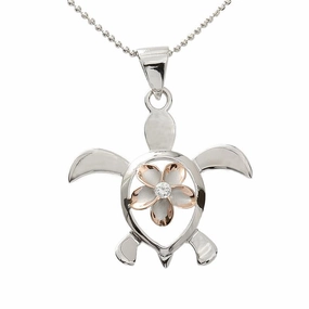Sterling Silver Rhodium Two Tone Pink Gold Plated 10mm Plumeria with CZ in Honu (Turtle) Pendant (Chain Sold Separately)