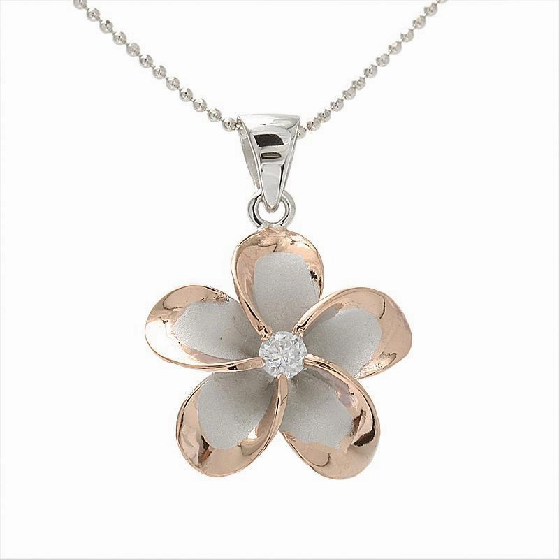Sterling Silver Rhodium Two Tone Pink Gold Plated Plumeria with CZ Pendant (10-45mm) (Chain Sold Separately)