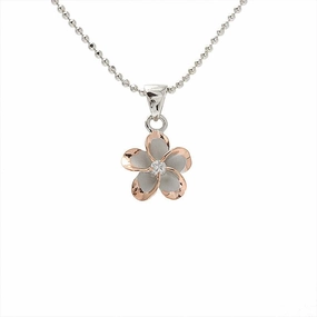 Sterling Silver Rhodium Two Tone Pink Gold Plated Plumeria with CZ Pendant (10-45mm) (Chain Sold Separately)