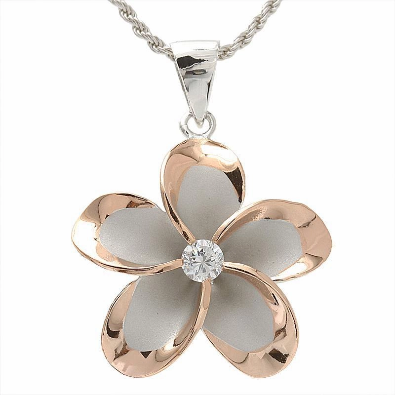 Sterling Silver Rhodium Two Tone Pink Gold Plated Plumeria with CZ Pendant (10-45mm) (Chain Sold Separately)