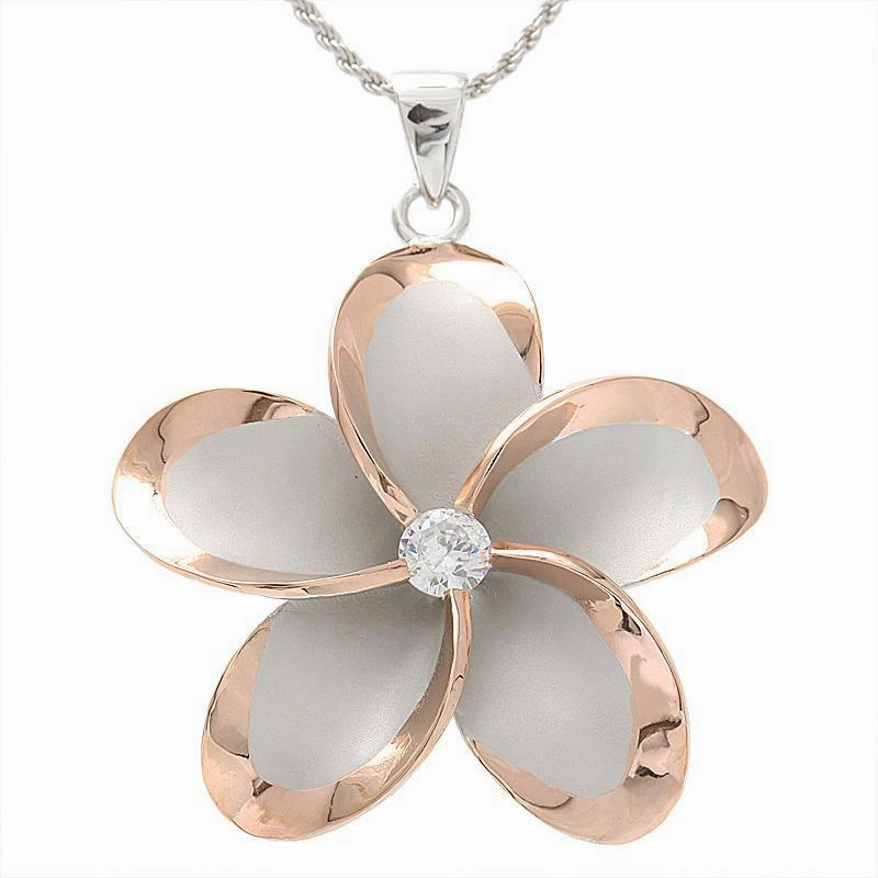 Sterling Silver Rhodium Two Tone Pink Gold Plated Plumeria with CZ Pendant (10-45mm) (Chain Sold Separately)