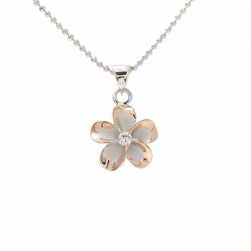 Sterling Silver Rhodium Two Tone Pink Gold Plated Plumeria with CZ Pendant (10-45mm) (Chain Sold Separately)