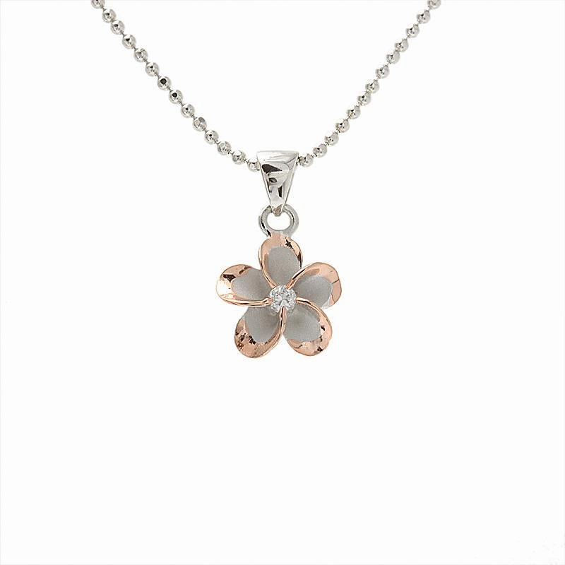Sterling Silver Rhodium Two Tone Pink Gold Plated Plumeria with CZ Pendant (10-45mm) (Chain Sold Separately)