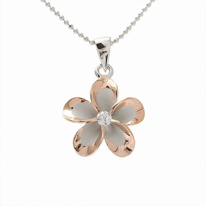 Sterling Silver Rhodium Two Tone Pink Gold Plated Plumeria with CZ Pendant (10-45mm) (Chain Sold Separately)