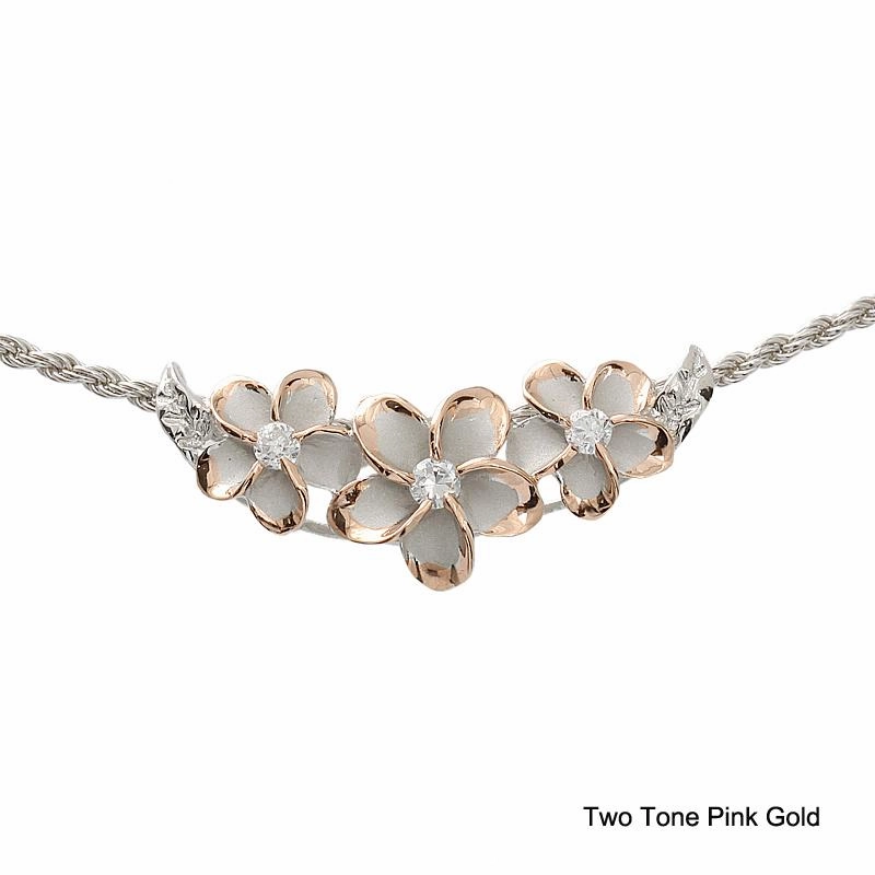 Sterling Silver Rhodium Two-Tone Pink Plated Gold 3 Plumeria with CZ Slider Pendant (Chain Sold Separately)