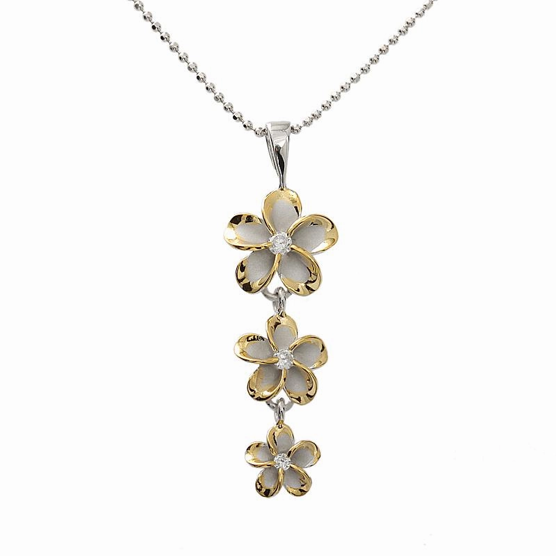 Sterling Silver Rhodium Two Tone Yellow Gold Plated Plumeria with CZ (M/L) (Chain Sold Separately)