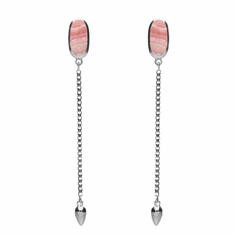 Sterling Silver Rhodochrosite Lineaire Long Drop Stud Earrings