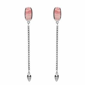 Sterling Silver Rhodochrosite Lineaire Long Drop Stud Earrings