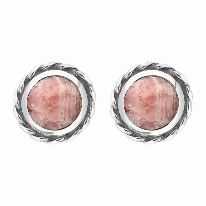 Sterling Silver Rhodochrosite Round Twist Edge Stud Earrings