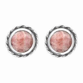 Sterling Silver Rhodochrosite Round Twist Edge Stud Earrings