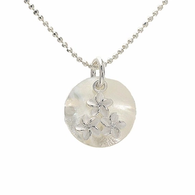Sterling Silver Round Shell with 3 Plumeria Pendant (Chain Sold Separately)
