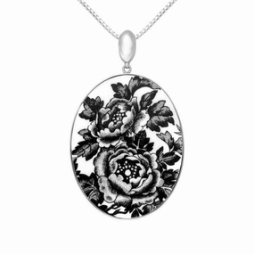 Sterling Silver Royal Crown Derby Black Aves Floral Oval Necklace D