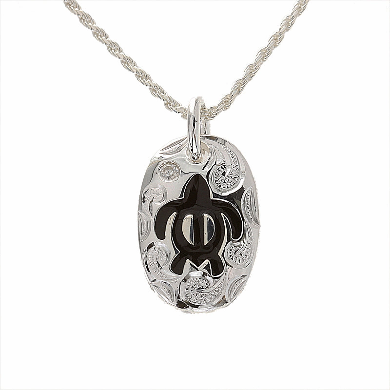 Sterling Silver Scroll Black Enamel Honu (Turtle) with CZ Oval Pendant (Chain Sold Separately)