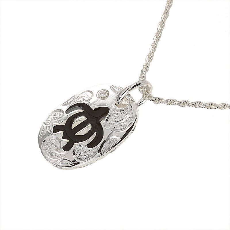 Sterling Silver Scroll Black Enamel Honu (Turtle) with CZ Oval Pendant (Chain Sold Separately)