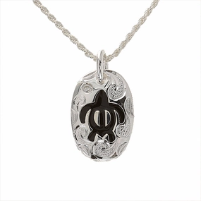 Sterling Silver Scroll Black Enamel Honu (Turtle) with CZ Oval Pendant (Chain Sold Separately)