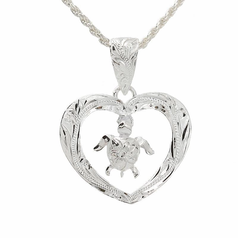 Sterling Silver Scroll Heart with Honu (Hawaiian Turtle) Pendant (Chain Sold Separately)