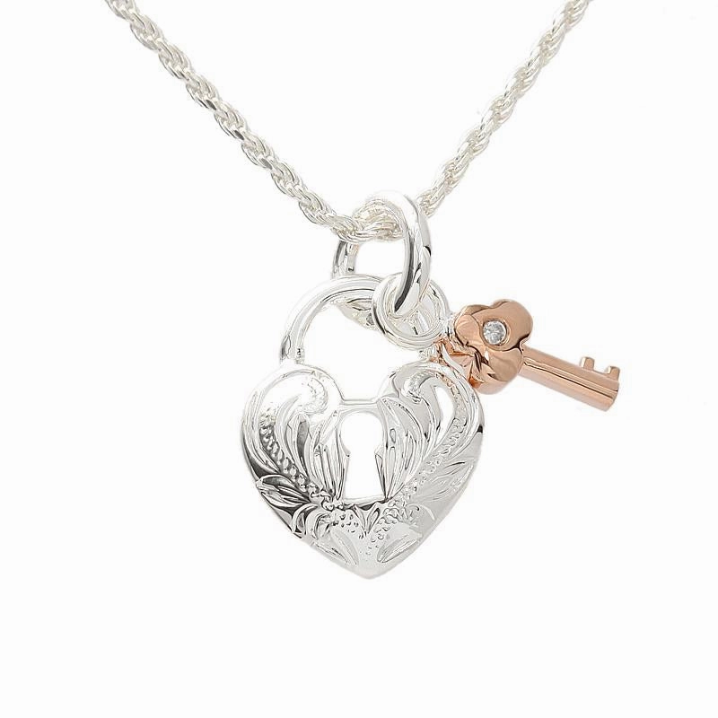 Sterling Silver Scroll Heart with Lock and Pink Gold Plated Key with CZ Pendant (Chain Sold Separately)