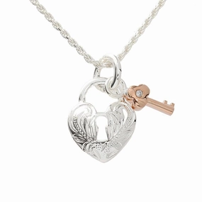 Sterling Silver Scroll Heart with Lock and Pink Gold Plated Key with CZ Pendant (Chain Sold Separately)