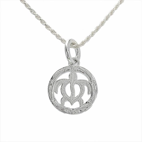 Sterling Silver Scroll Honu (Hawaiian Turtle) in Circle Pendant (Chain Sold Separately)